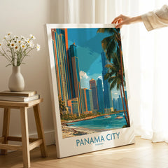 Panama City skyline travel poster with palm trees, modern skyscrapers, and waterfront, ideal for home wall art decor