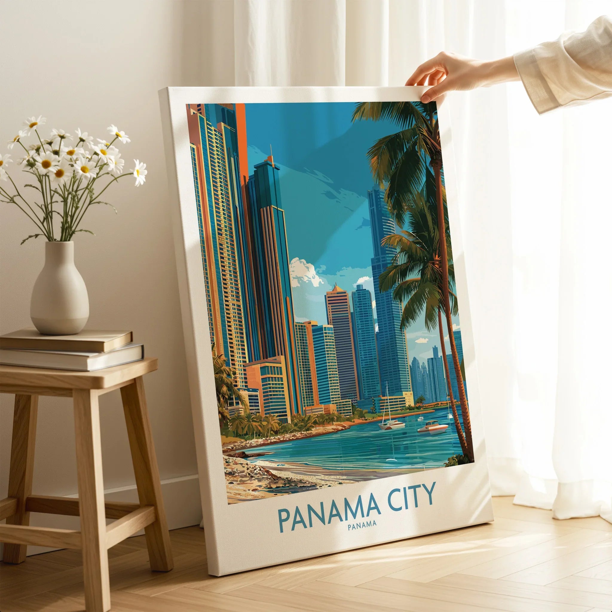 Panama City skyline travel poster with palm trees, modern skyscrapers, and waterfront, ideal for home wall art decor