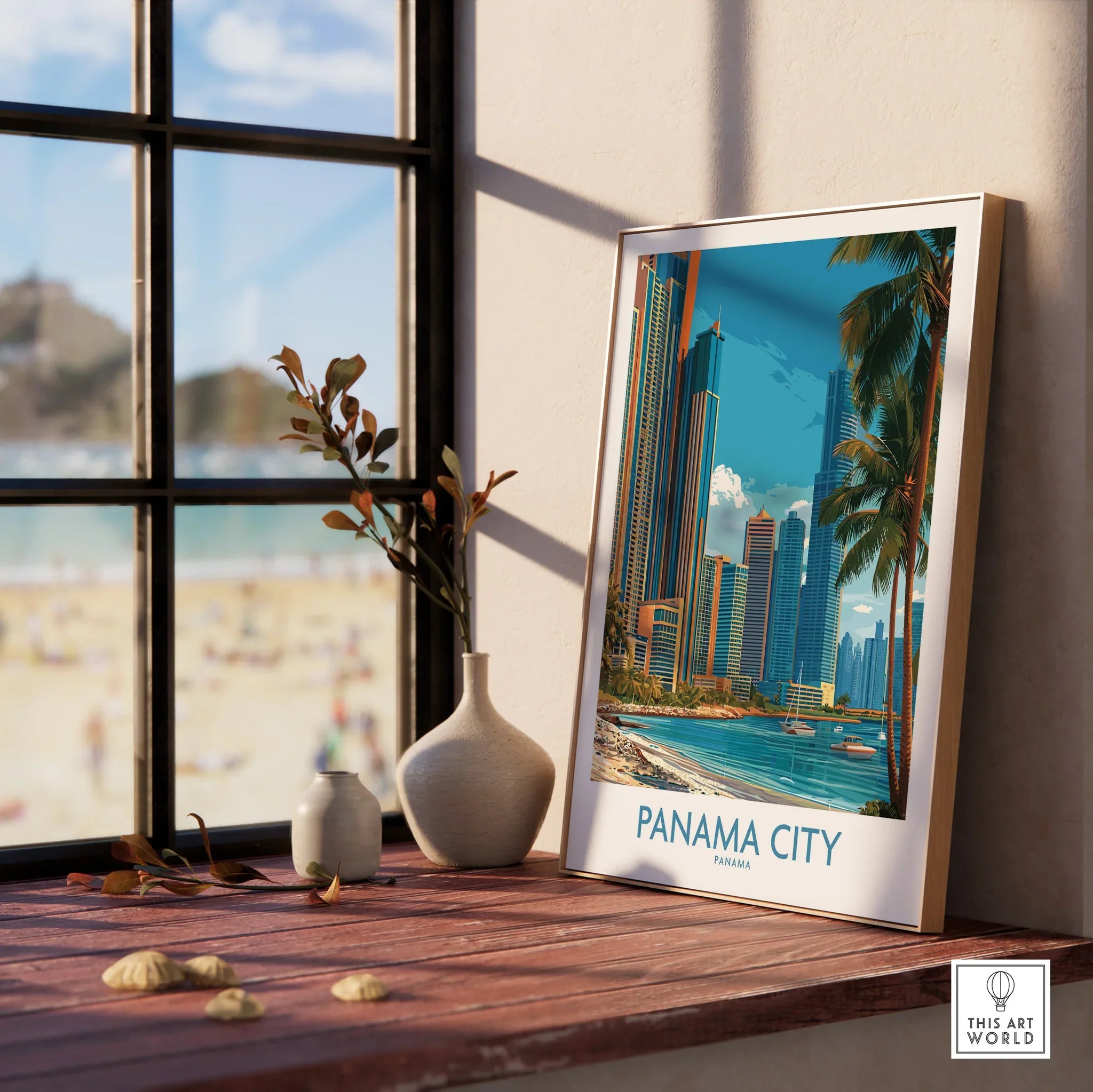 Panama City skyline travel poster with palm trees and beach, perfect for home decor