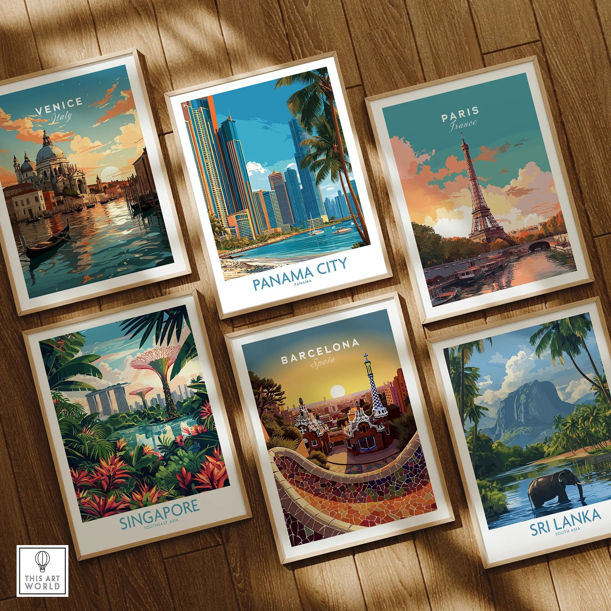 Travel posters of Venice, Paris, Panama City, Singapore, Barcelona, and Sri Lanka for home decor