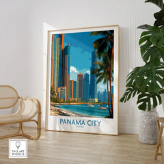Panama City skyline travel poster with palm trees and waterfront, ideal for home decor