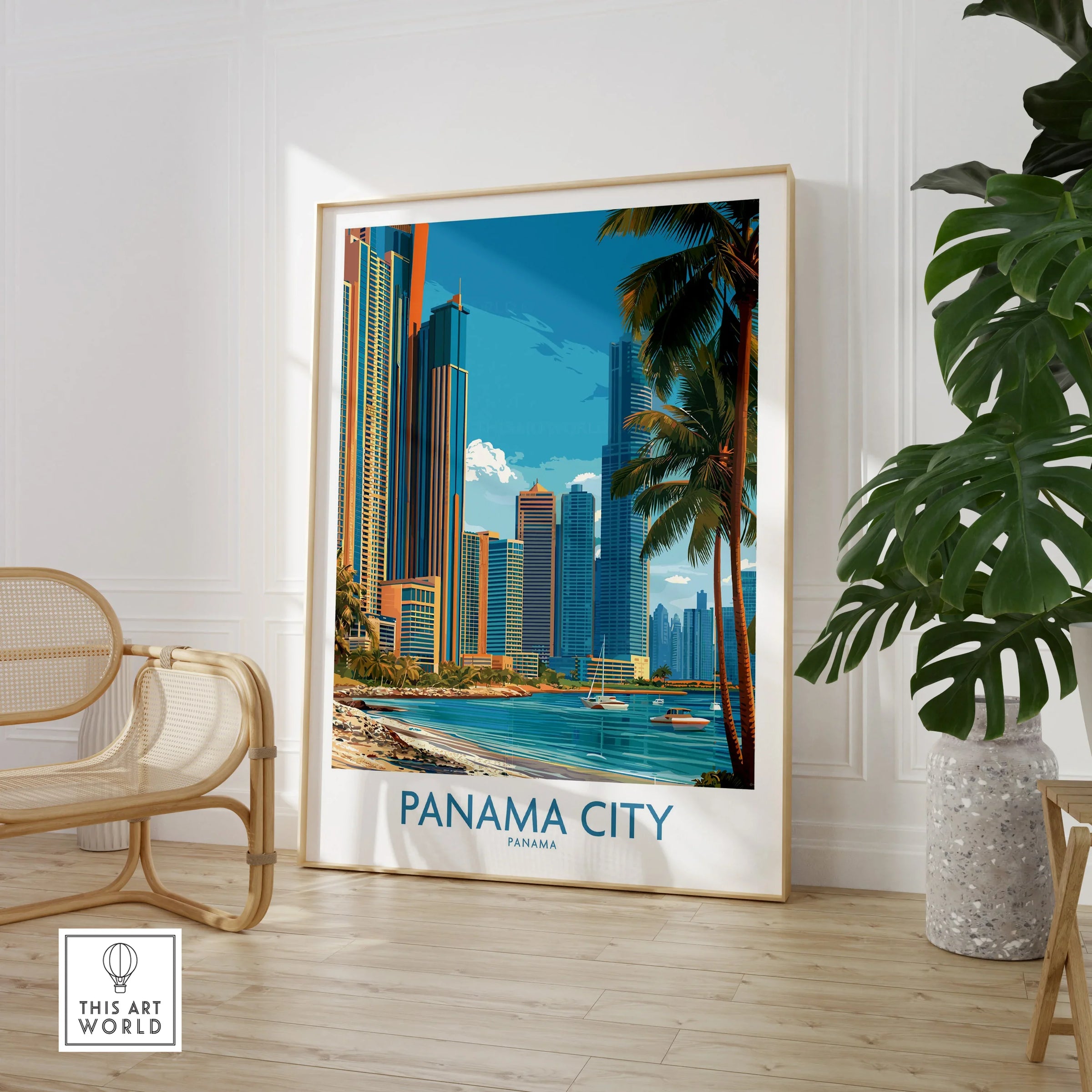 Panama City skyline travel poster with palm trees and waterfront, ideal for home decor