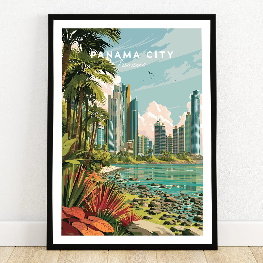 Panama City skyline travel poster with palm trees, tropical plants, and waterfront view for wall art decor