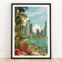 Panama City skyline travel poster with palm trees, tropical plants, and waterfront view for wall art decor
