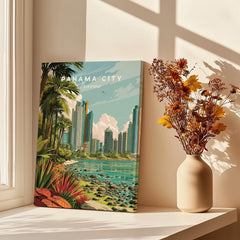 Panama City travel poster with tropical palms, modern skyline, and coastal view for home decor