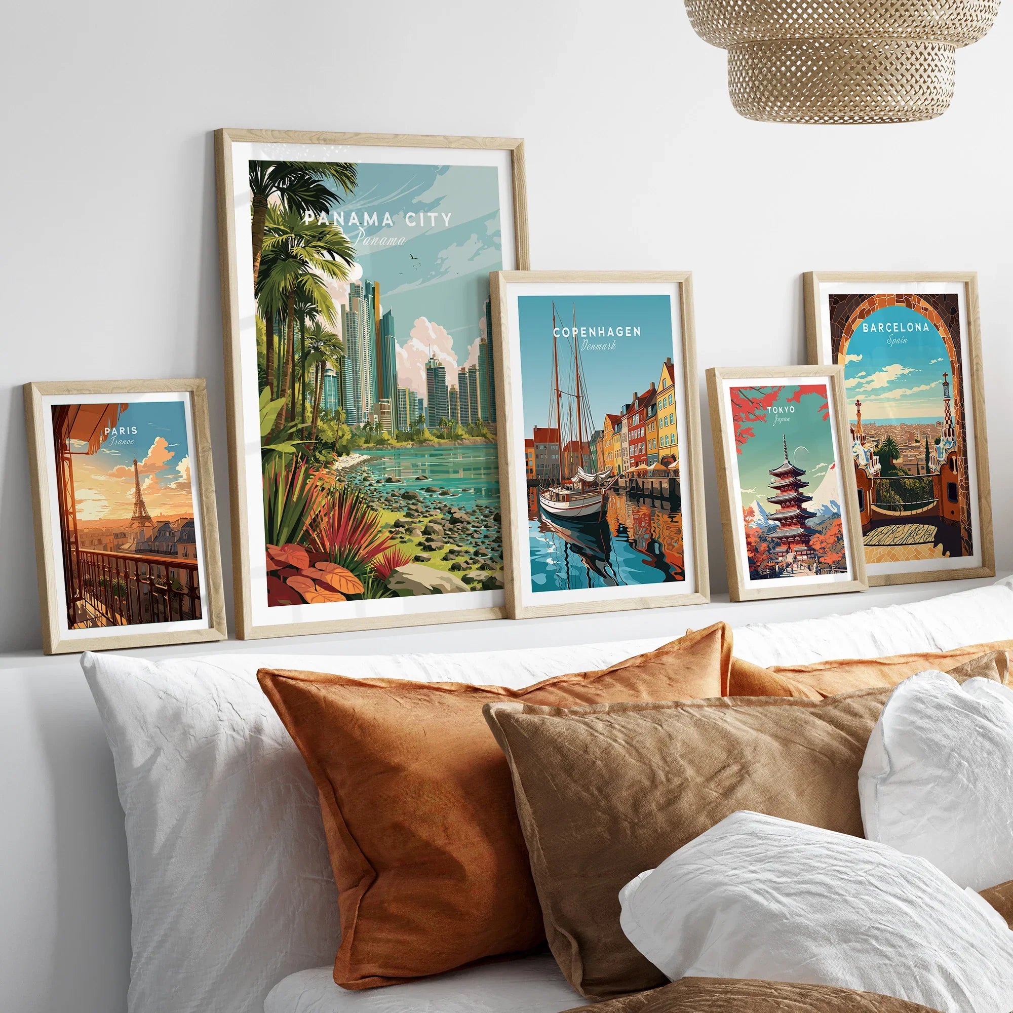 Travel posters of Paris, Panama City, Copenhagen, Tokyo, and Barcelona for home decor