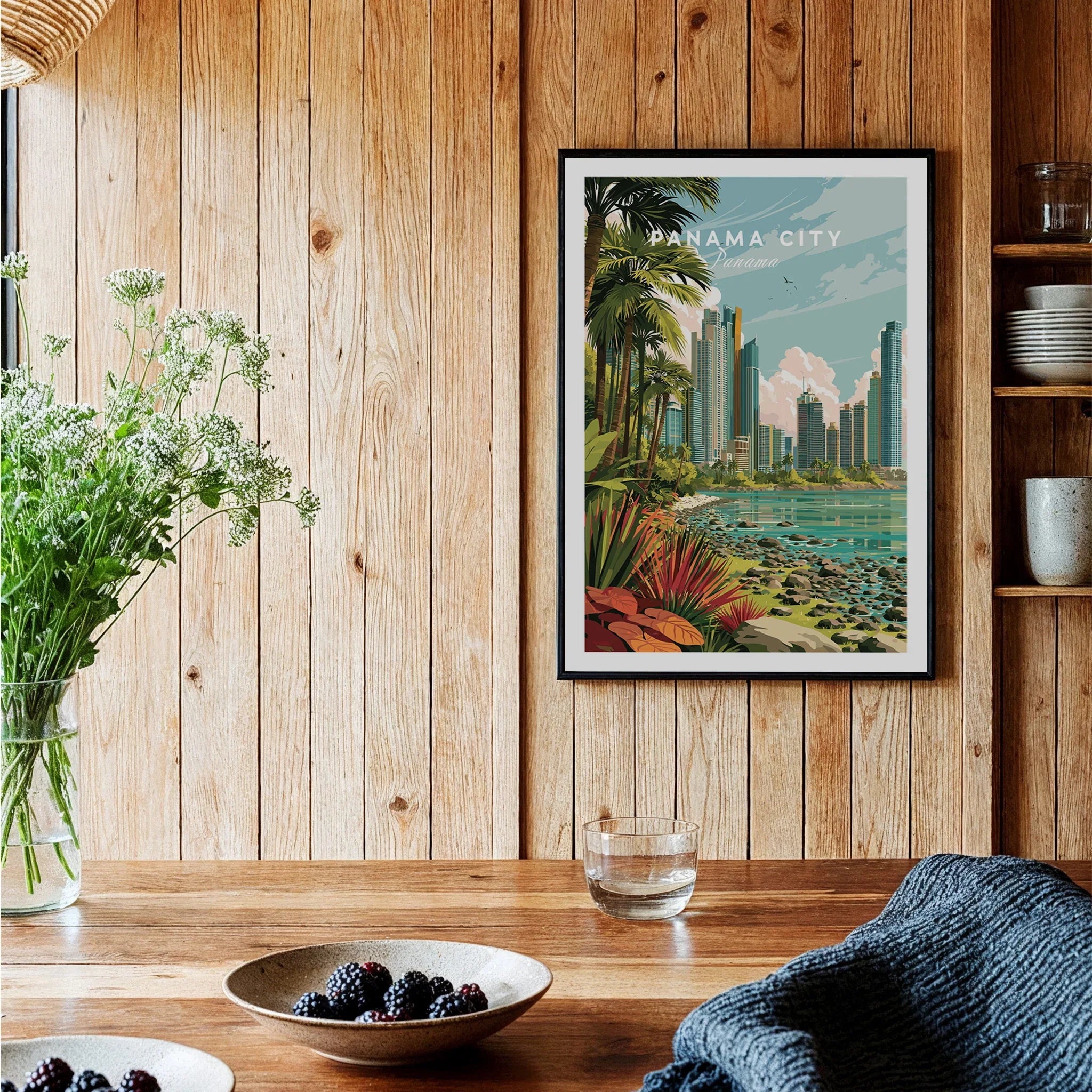 Panama City travel poster with tropical palms, modern skyline, and coastal view, perfect for wall art decor.