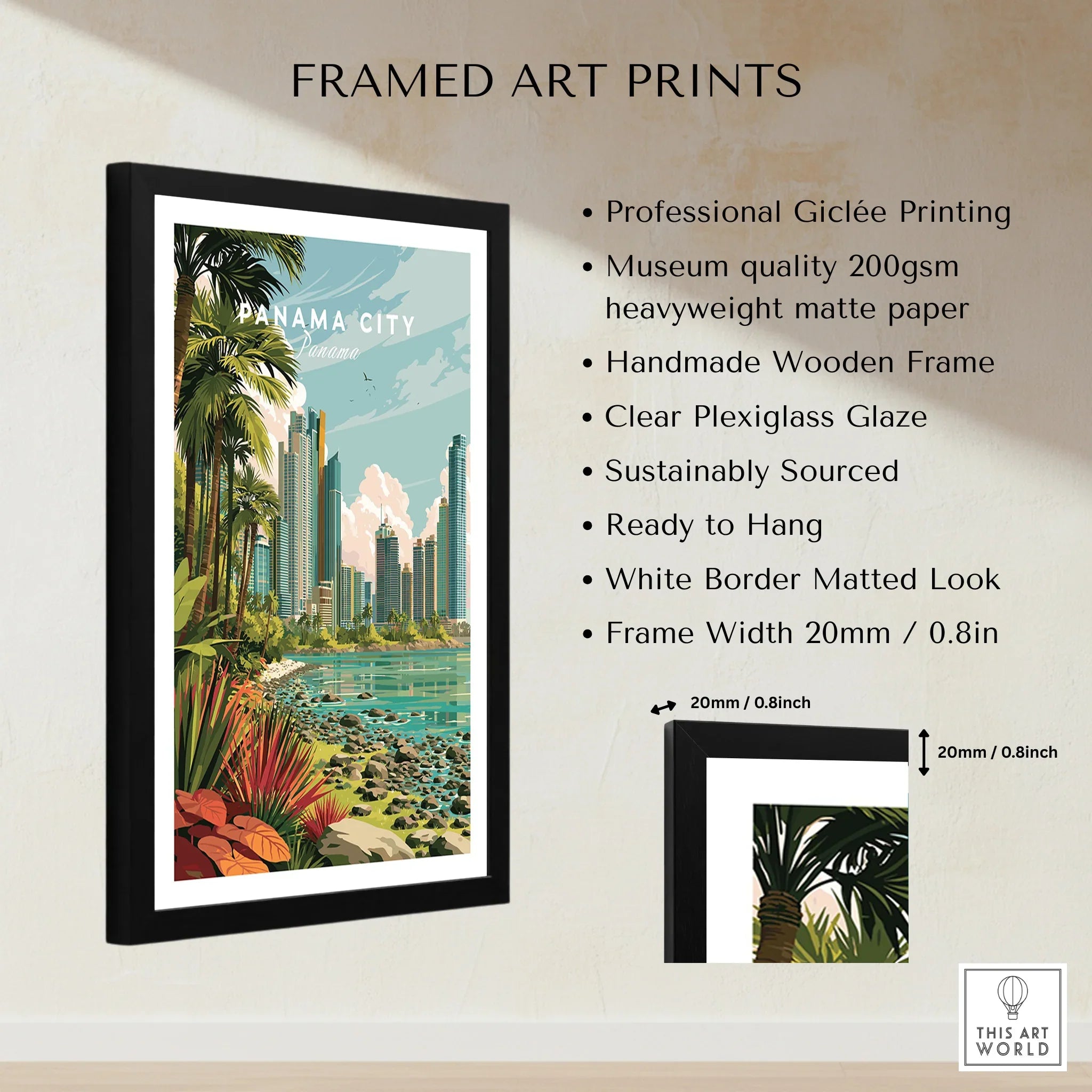 Framed Panama City travel poster with tropical palm trees, modern skyline, and coastal view, perfect for home wall art decor.