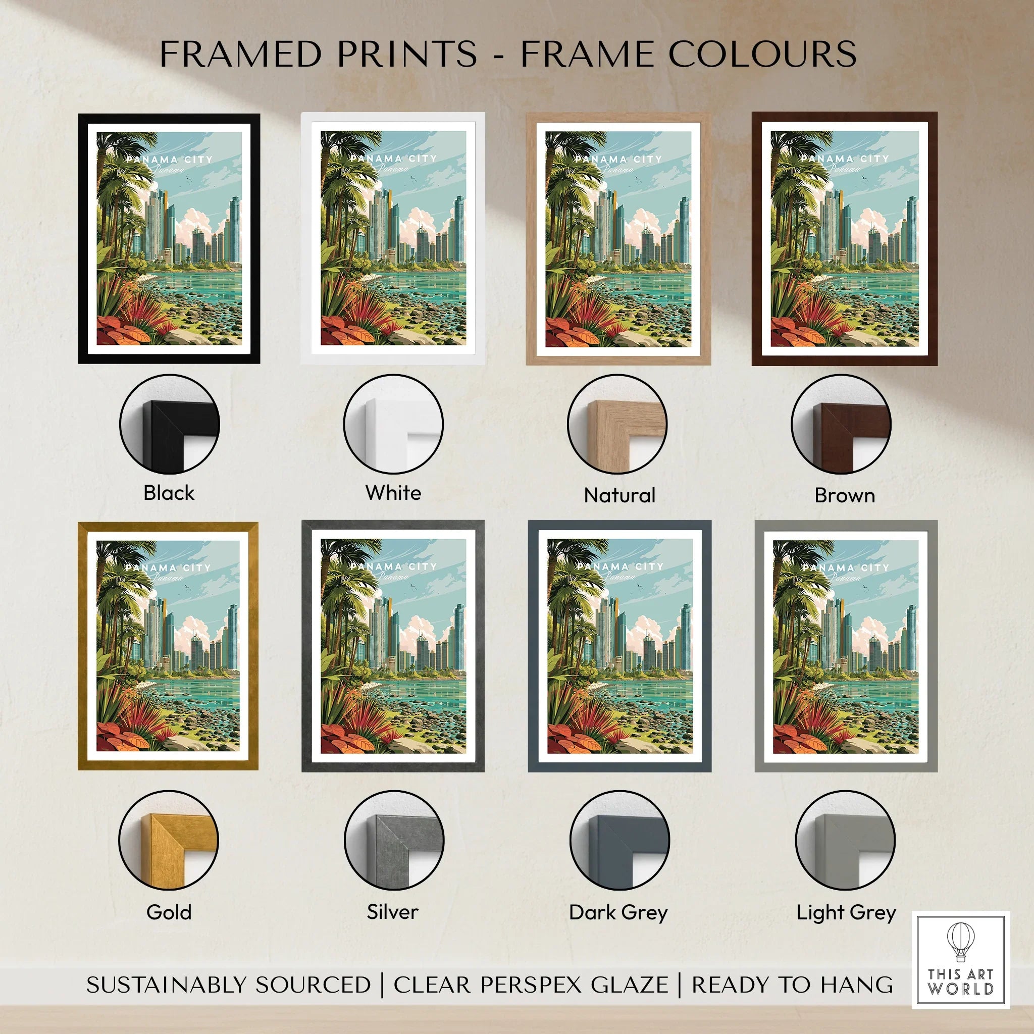 Panama City skyline art print in eight frame colors: black, white, natural, brown, gold, silver, dark grey, light grey