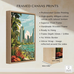 Panama City travel poster art print in wooden frame, tropical skyline with palm trees and modern buildings