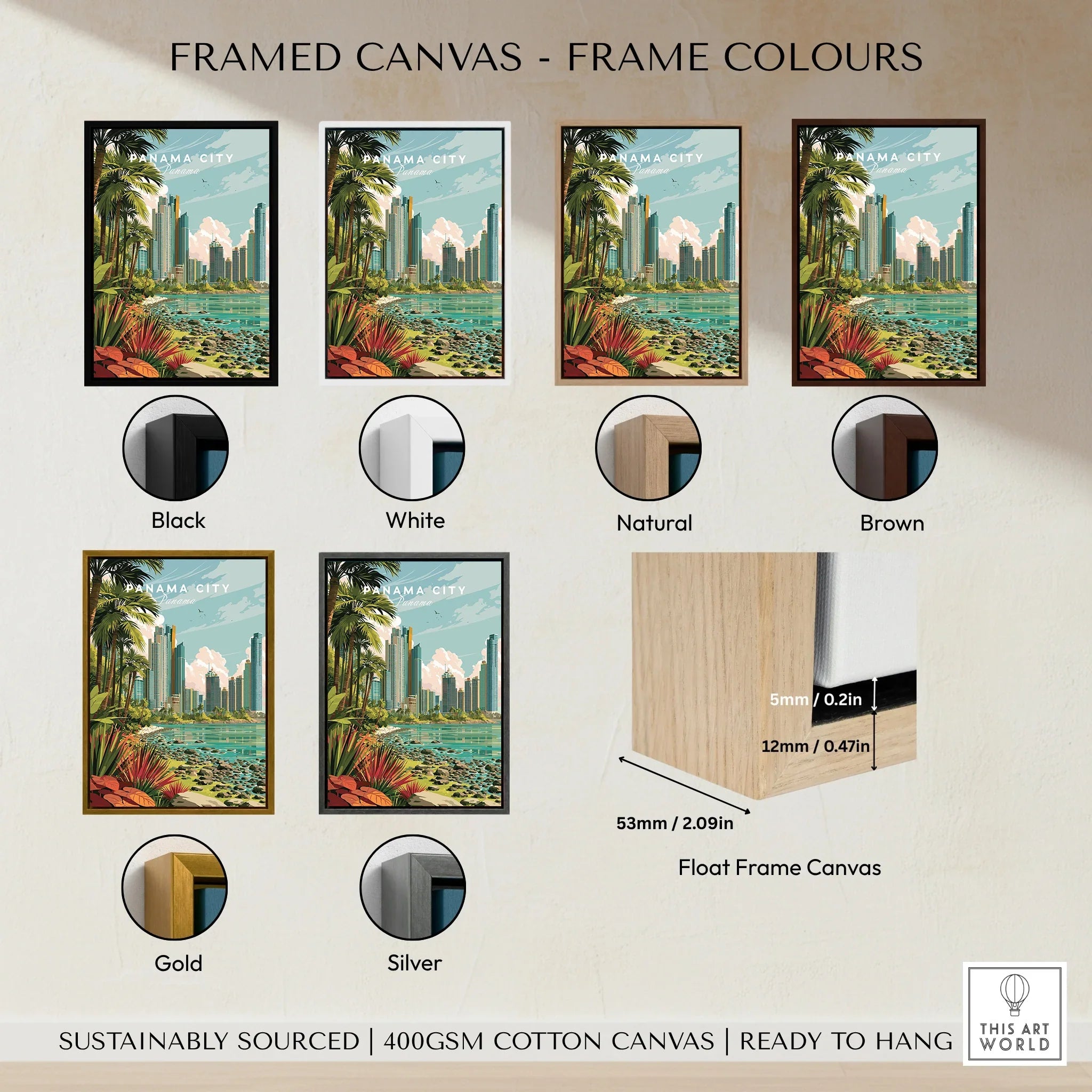 Panama City travel poster with frame options: black, white, natural, brown, gold, silver