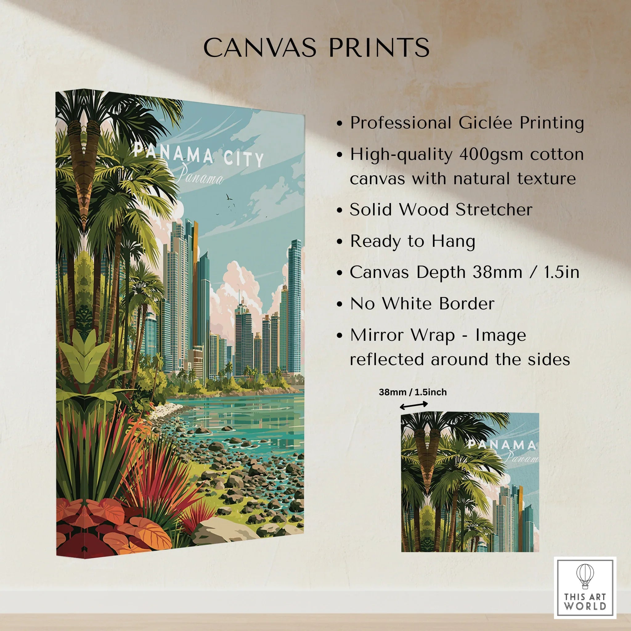 Panama City travel poster canvas print with tropical palm trees, modern skyline, and coastal view for wall art decor