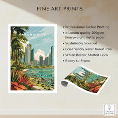 Panama City travel poster with tropical palms, modern skyline, and coastal view for home decor
