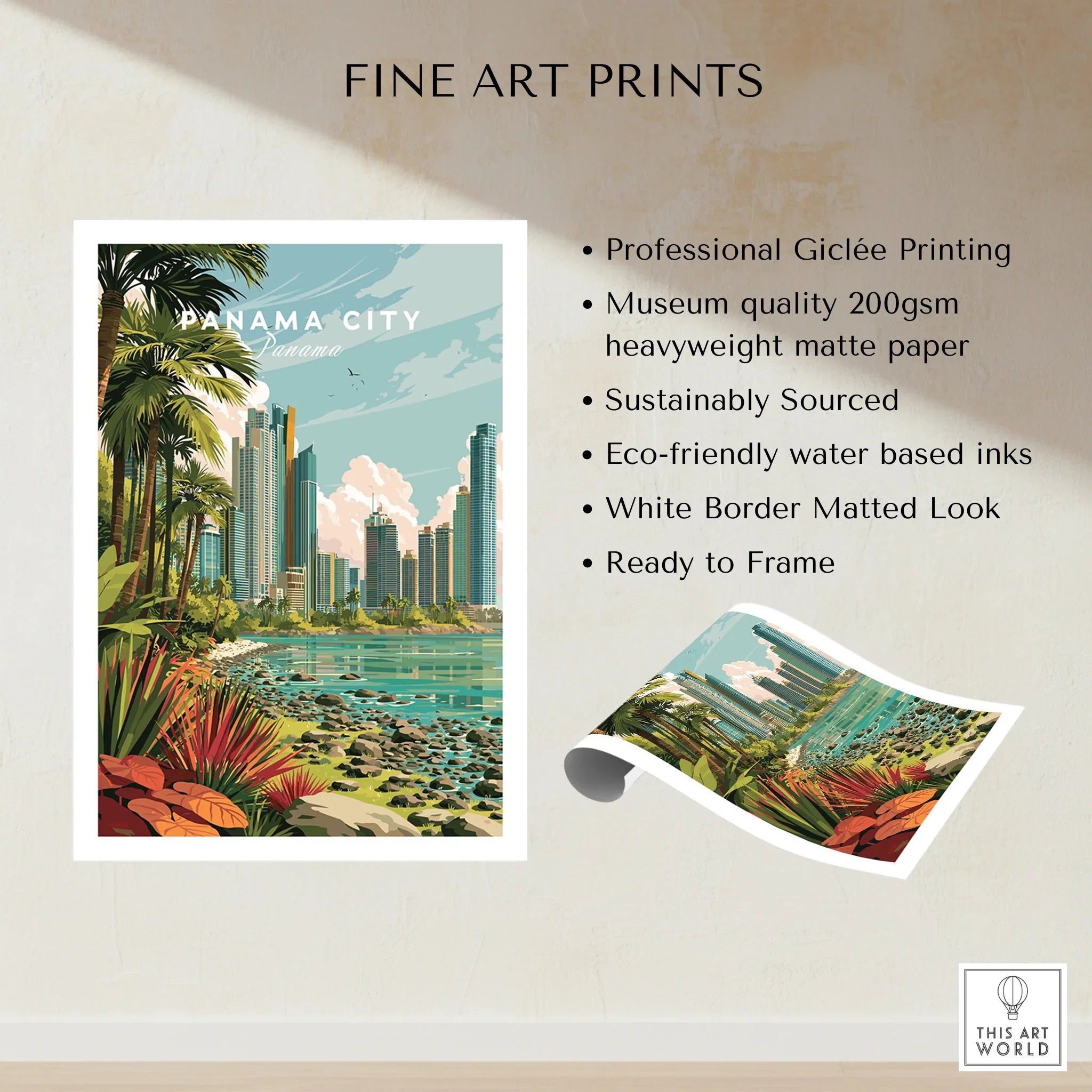 Panama City travel poster with tropical palms, modern skyline, and coastal view for home decor