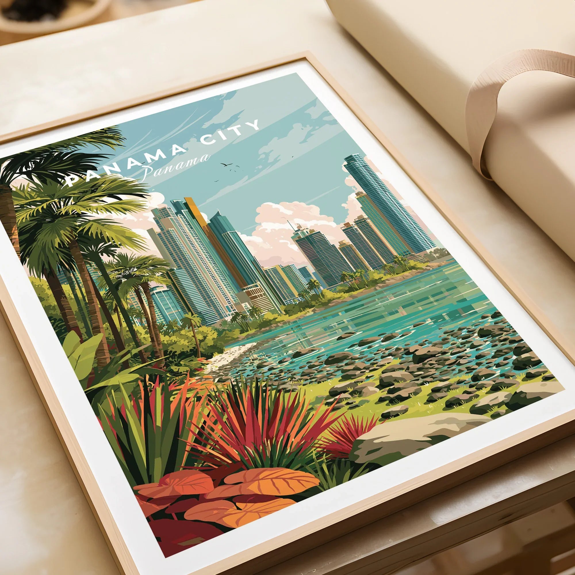Panama City skyline travel poster with tropical palms and waterfront, perfect for city skyline wall art