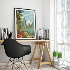 Panama City travel poster with skyline, palm trees, and tropical beach, perfect for home decor wall art