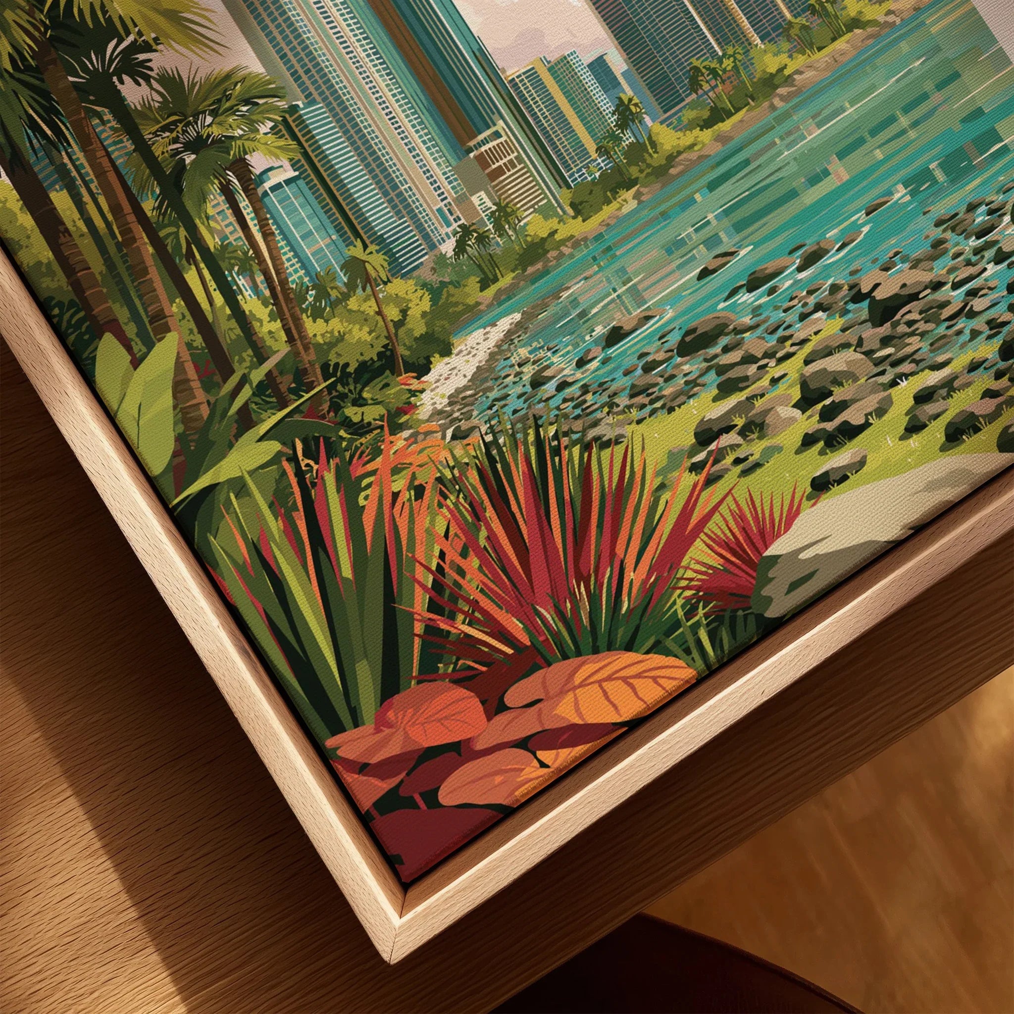 Tropical city skyline wall art with palm trees, vibrant plants, and waterfront view for home decor