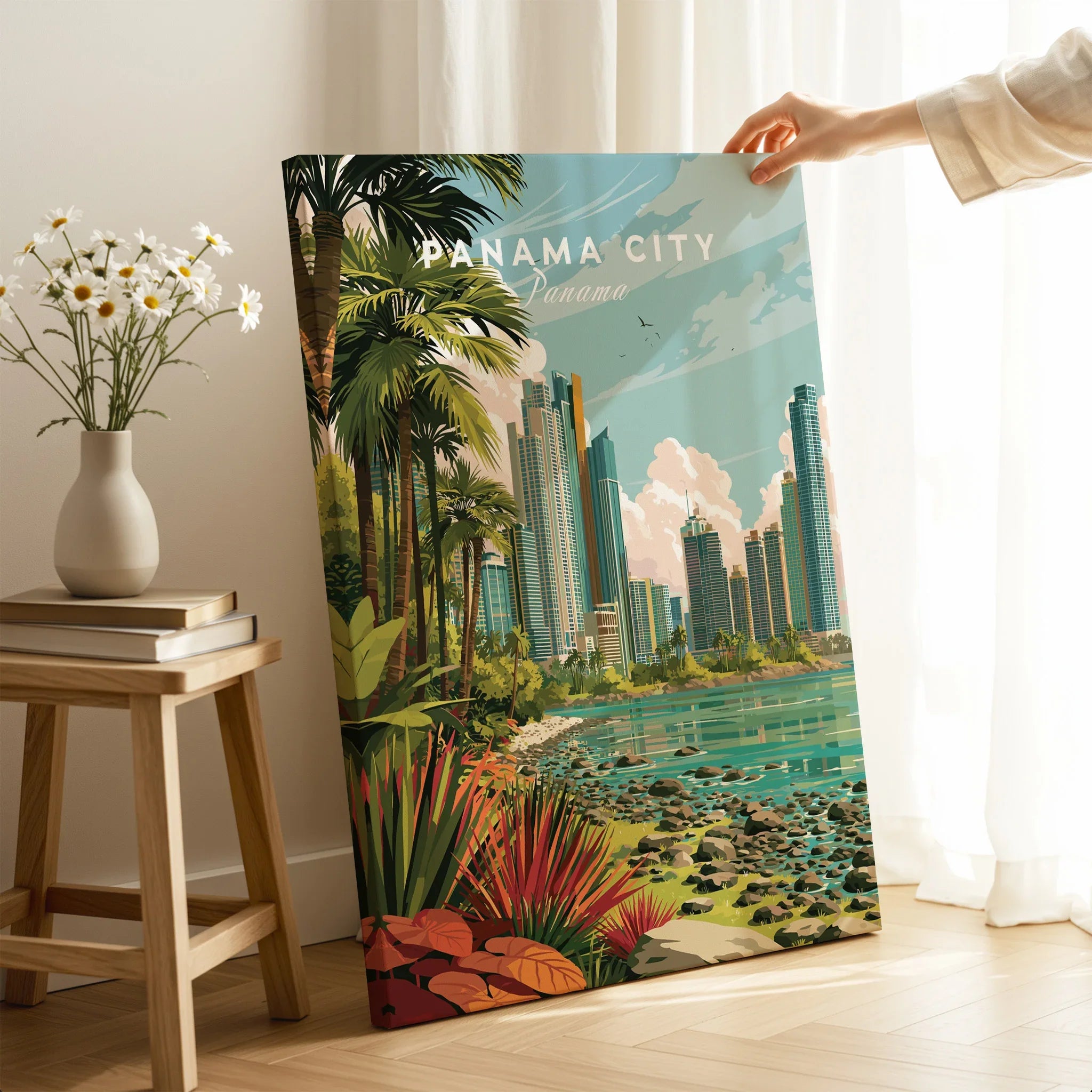 Panama City travel poster with tropical palms, modern skyline, and coastal scenery for home decor