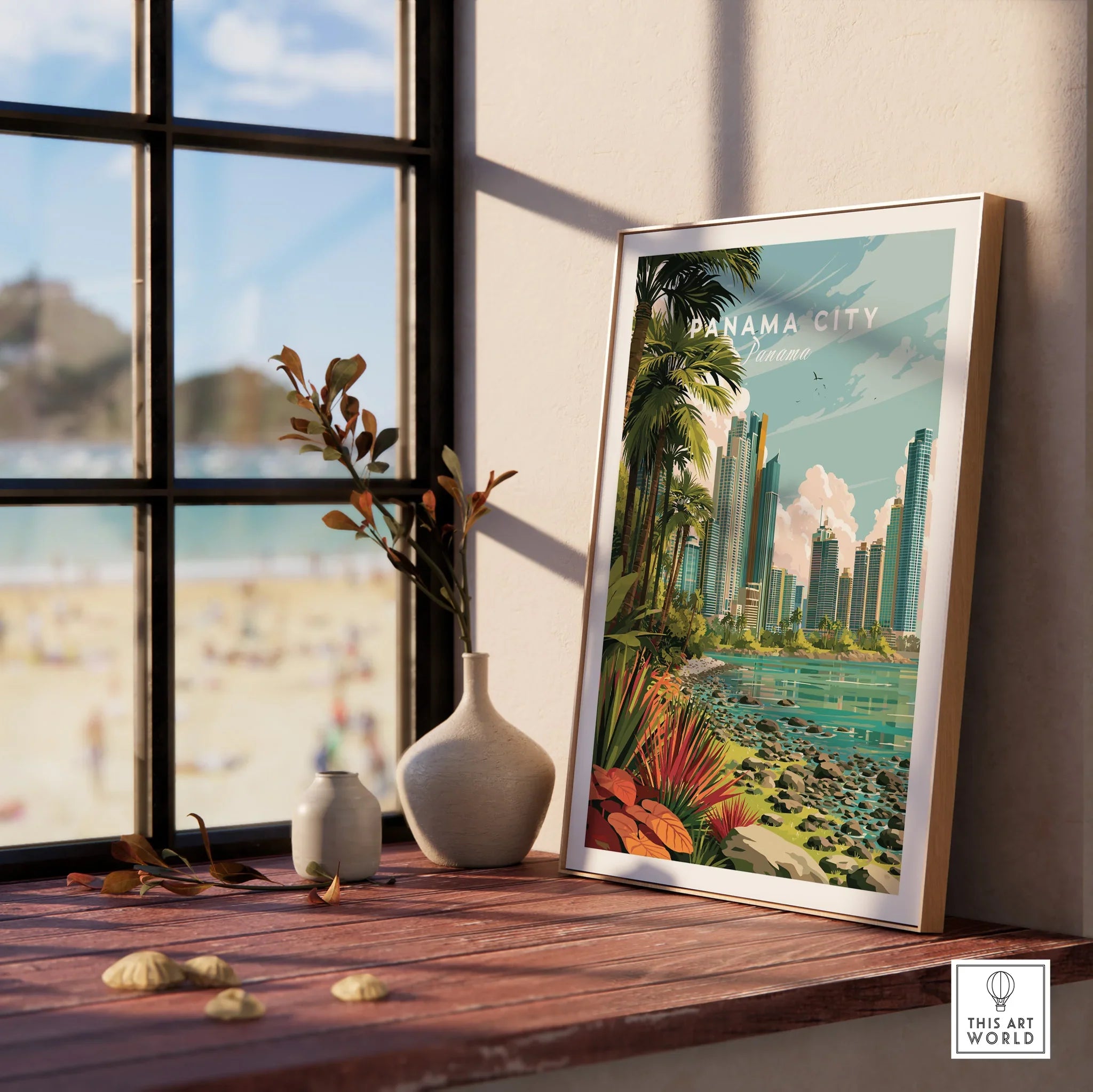 Panama City travel poster with tropical palms, modern skyline, and coastal scenery for home decor