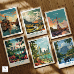 Travel posters featuring Venice, Paris, Singapore, Panama City, Sri Lanka, and The Highlands for wall art decor.