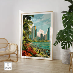 Panama City skyline travel poster with palm trees, tropical plants, and waterfront, perfect for city skyline wall art.