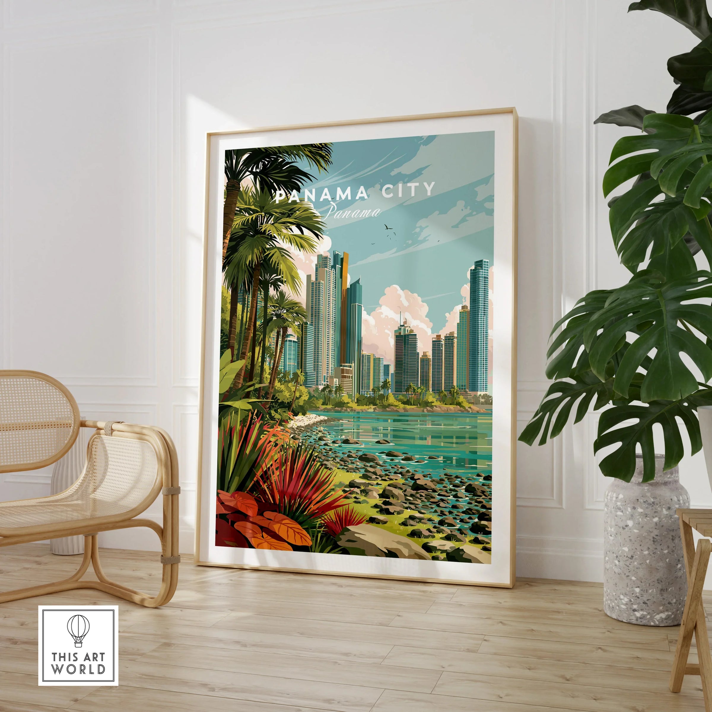 Panama City skyline travel poster with palm trees, tropical plants, and waterfront, perfect for city skyline wall art.