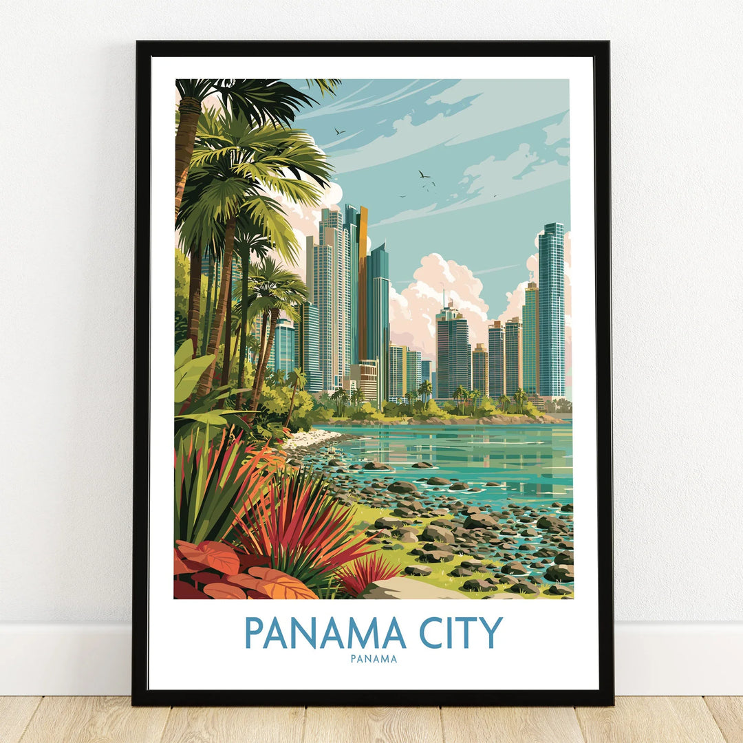 Panama City skyline travel poster with palm trees and waterfront, vibrant cityscape wall art