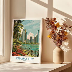 Panama City travel poster with skyline, palm trees, and coastal view, perfect for wall art decor