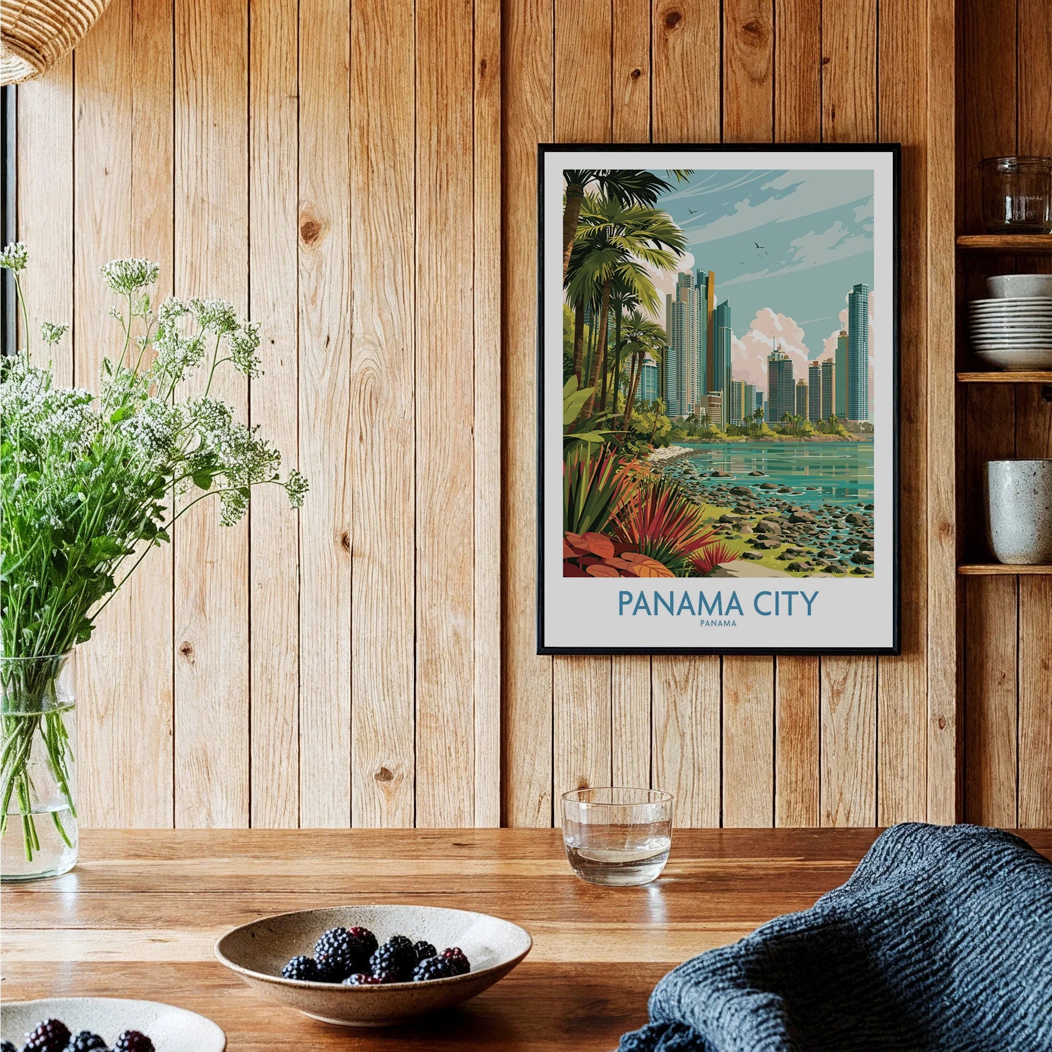 Panama City travel poster with skyline, palm trees, and coastal view for home decor