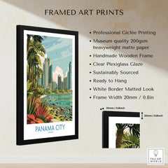 Panama City travel poster with skyline, palm trees, and coastal view in a black frame