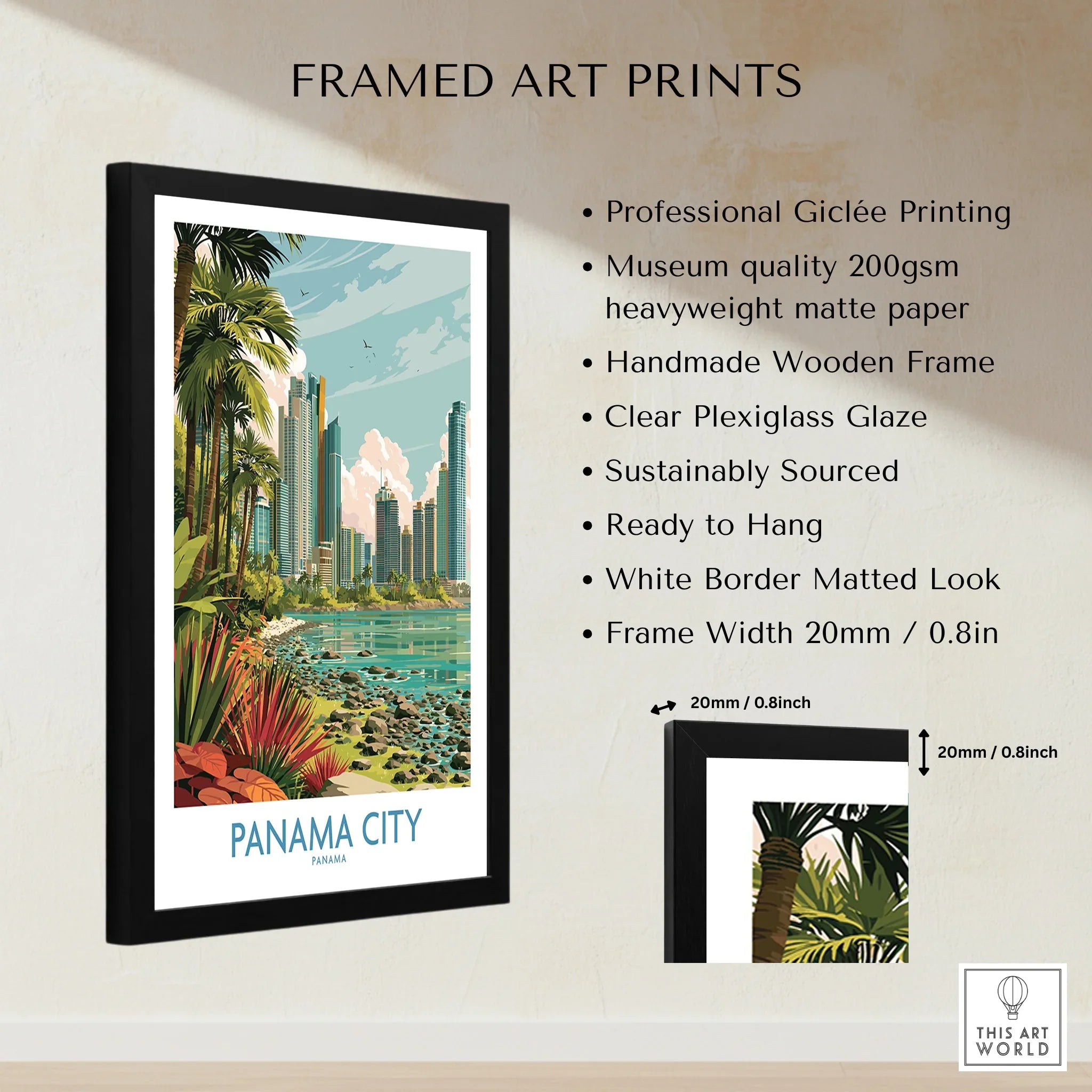 Panama City travel poster with skyline, palm trees, and coastal view in a black frame