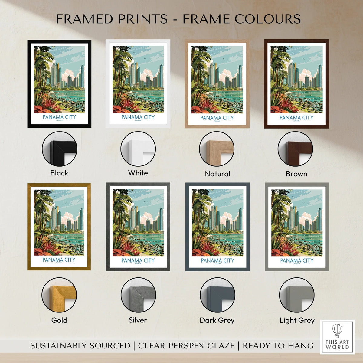 Panama City travel poster in various frame colors for wall art decor