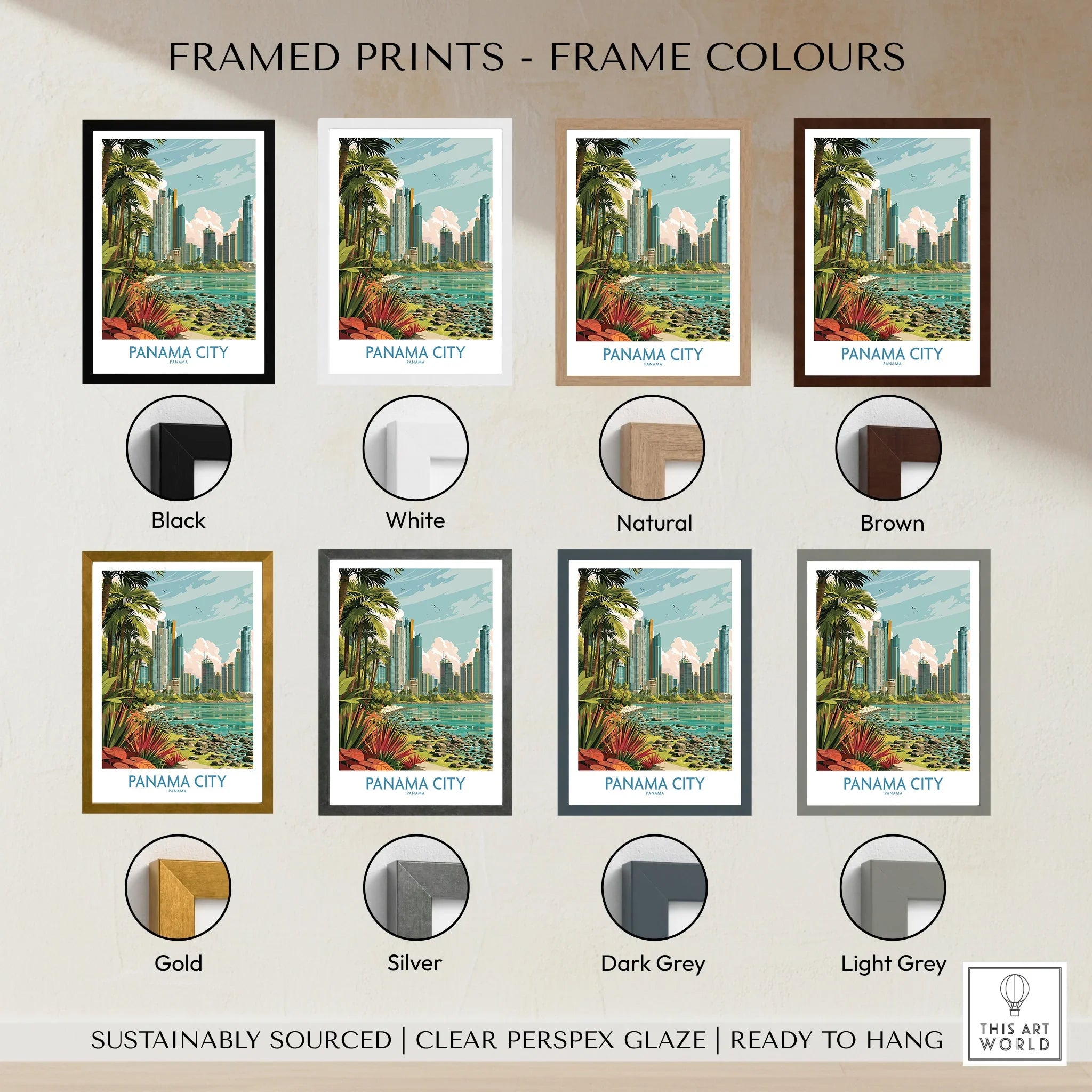 Panama City travel poster in various frame colors for wall art decor