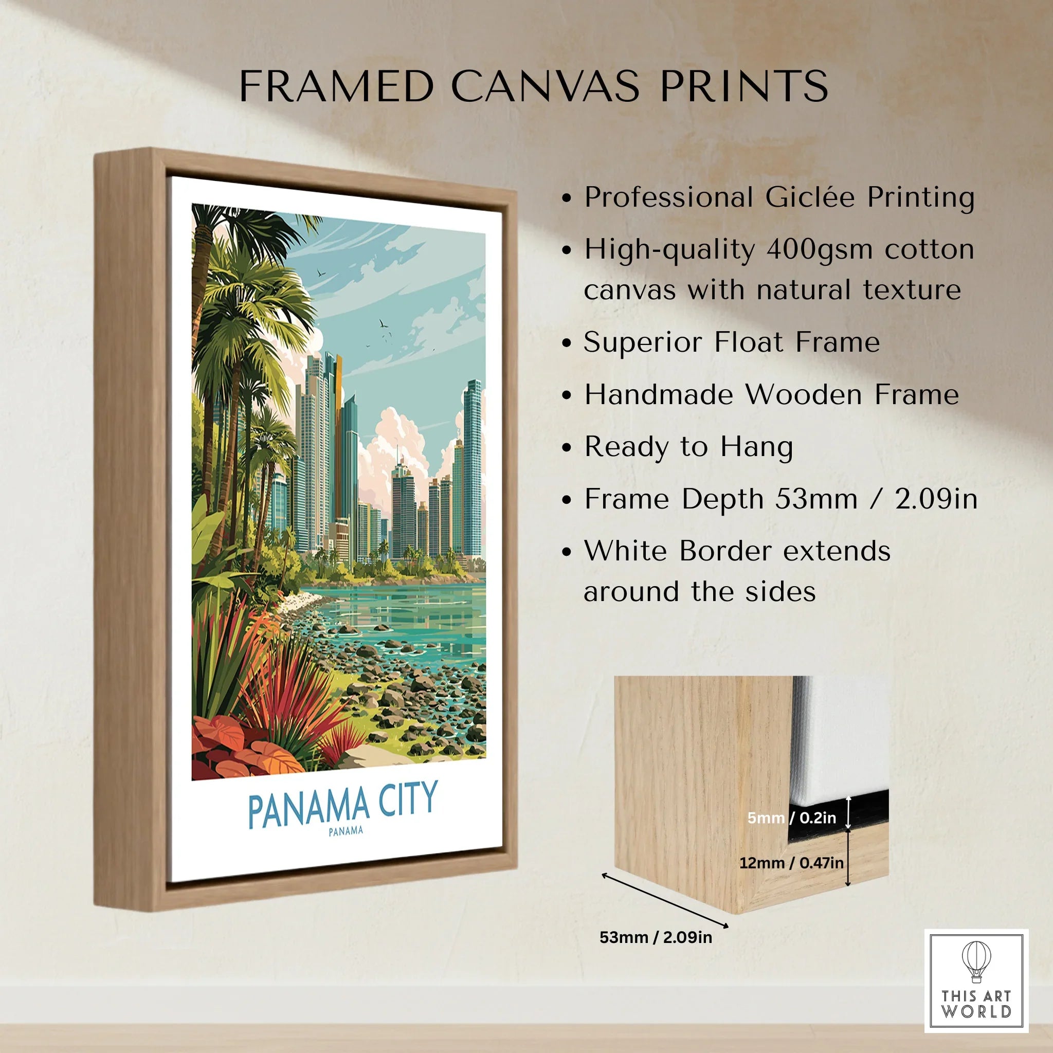 Panama City travel poster with palm trees, skyline, and coastal view in wooden frame