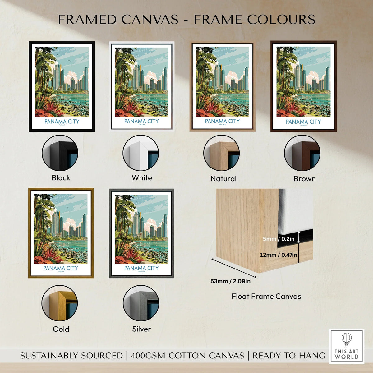Panama City travel poster in various frame colors, featuring skyline and palm trees for wall art decor.