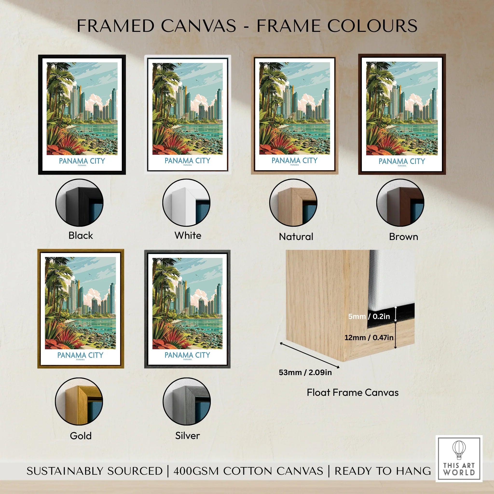 Panama City travel poster in various frame colors, featuring skyline and palm trees for wall art decor.