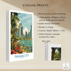 Panama City travel poster with tropical palms, modern skyline, and coastal view on canvas print