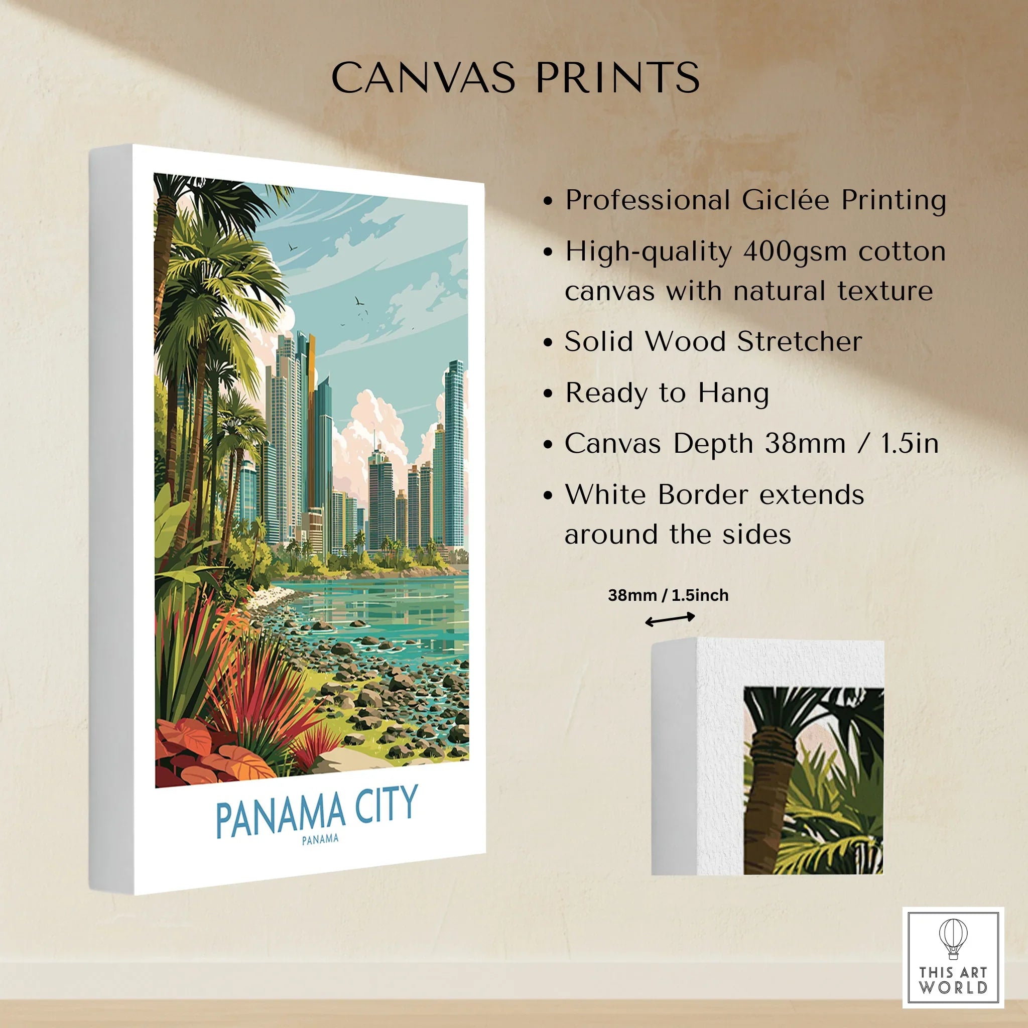 Panama City travel poster with tropical palms, modern skyline, and coastal view on canvas print