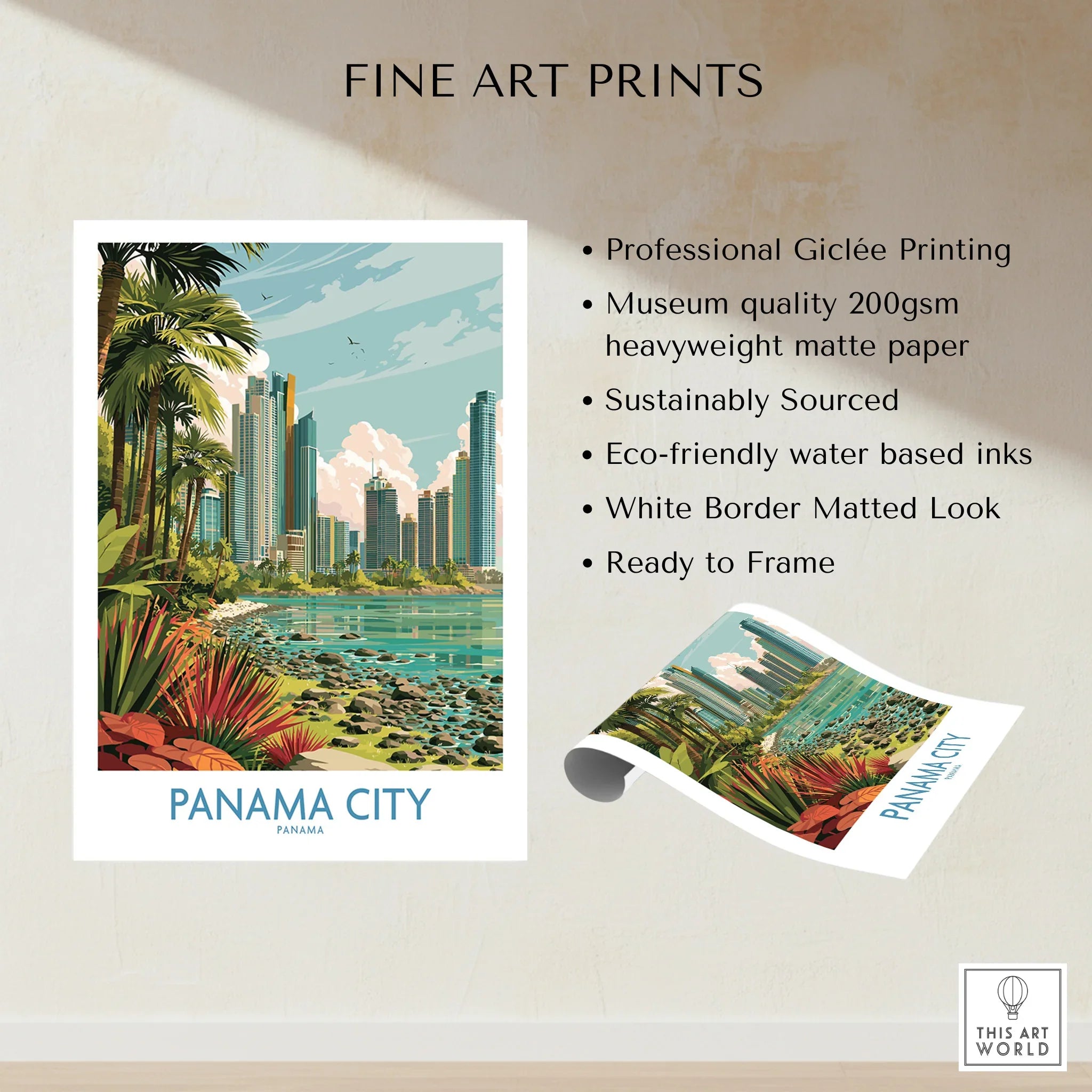 Panama City skyline art print with palm trees and coastal view, ideal for travel poster decor