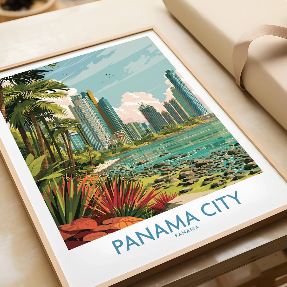 Panama City travel poster with tropical palm trees, modern skyline, and waterfront, ideal for city skyline wall art.