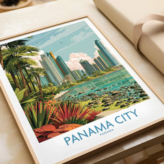 Panama City travel poster with tropical palm trees, modern skyline, and waterfront, ideal for city skyline wall art.