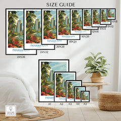 Panama City travel poster sizes displayed in modern bedroom with tropical art decor