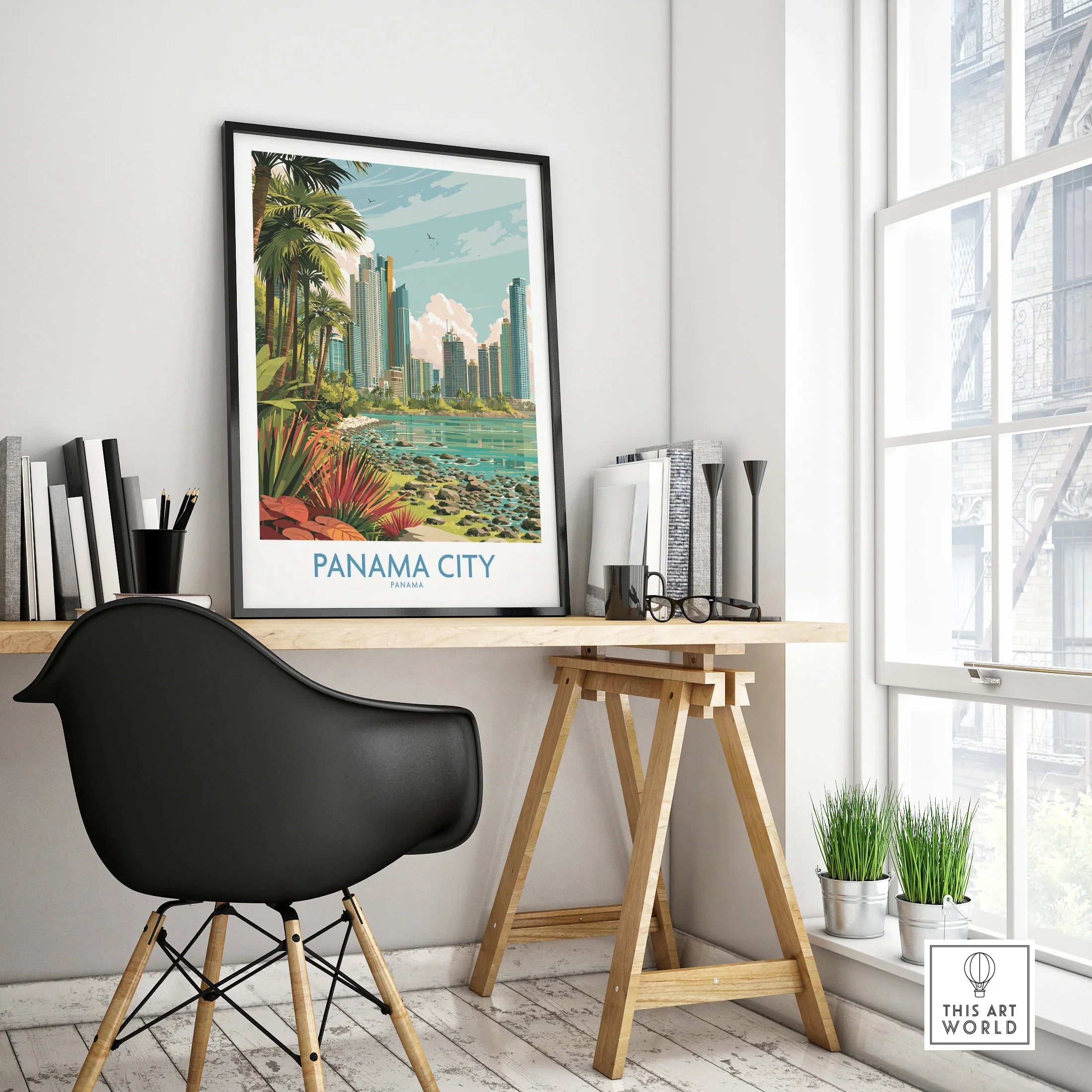 Panama City travel poster with skyline, palm trees, and coastal view for home decor