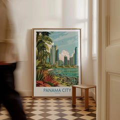 Panama City travel poster with skyline, palm trees, and coastal view, framed wall art for home decor