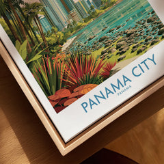 Panama City travel poster with tropical plants, palm trees, and skyline, perfect for wall art decor