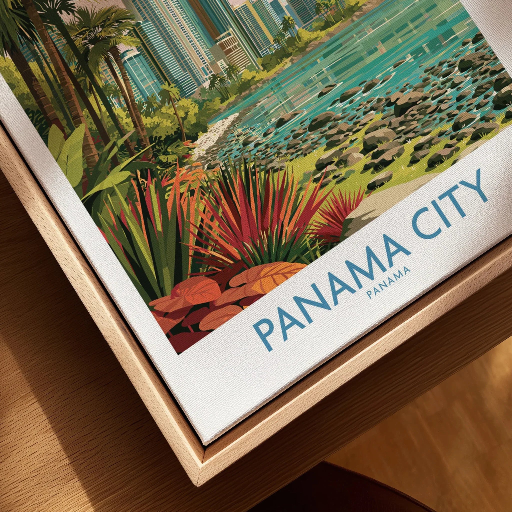 Panama City travel poster with tropical plants, palm trees, and skyline, perfect for wall art decor