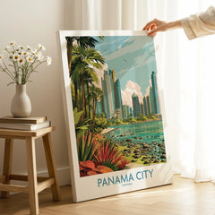 Panama City travel poster with tropical palms, skyline, and waterfront, ideal for home wall art decor