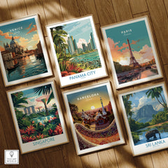 Travel posters of Venice, Paris, Panama City, Singapore, Barcelona, and Sri Lanka for home decor