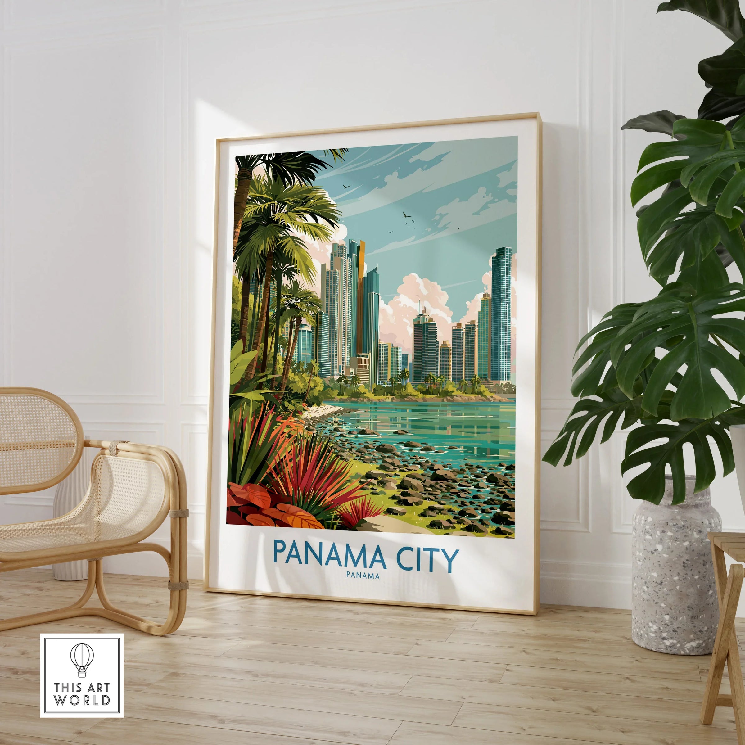 Panama City travel poster with tropical palm trees, modern skyline, and waterfront, framed wall art for home decor
