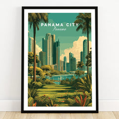 Panama City skyline travel poster with palm trees and lush greenery, ideal for city skyline wall art.